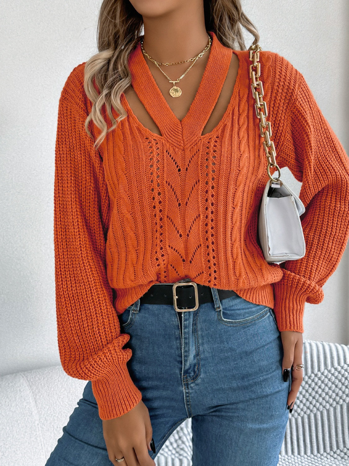 Cutout V-Neck Long Sleeve Sweater | Maekery Studio