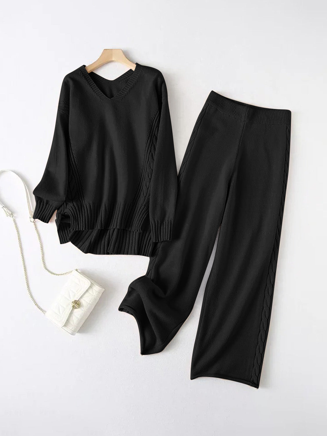 Slit V-Neck Long Sleeve Top and Pants Sweater Set | Maekery Studio