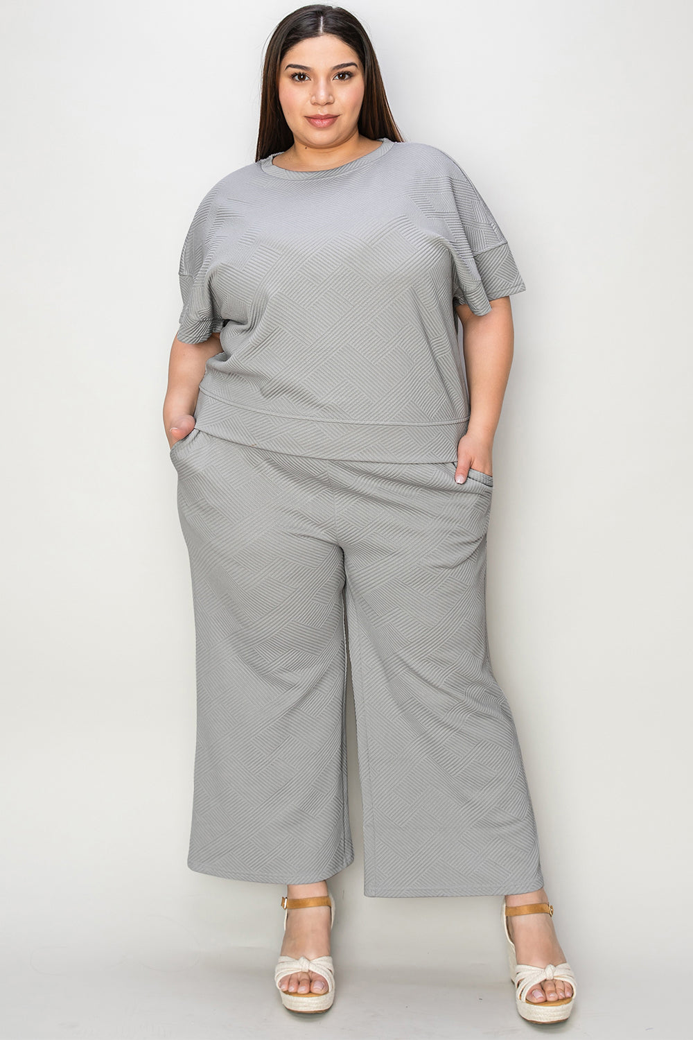 Double Take Full Size Texture Short Sleeve Top and Pants Set | Maekery Studio