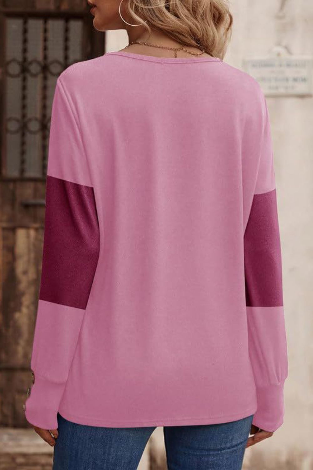 Decorative Button Contrast V-Neck Long Sleeve T-Shirt | Maekery Studio