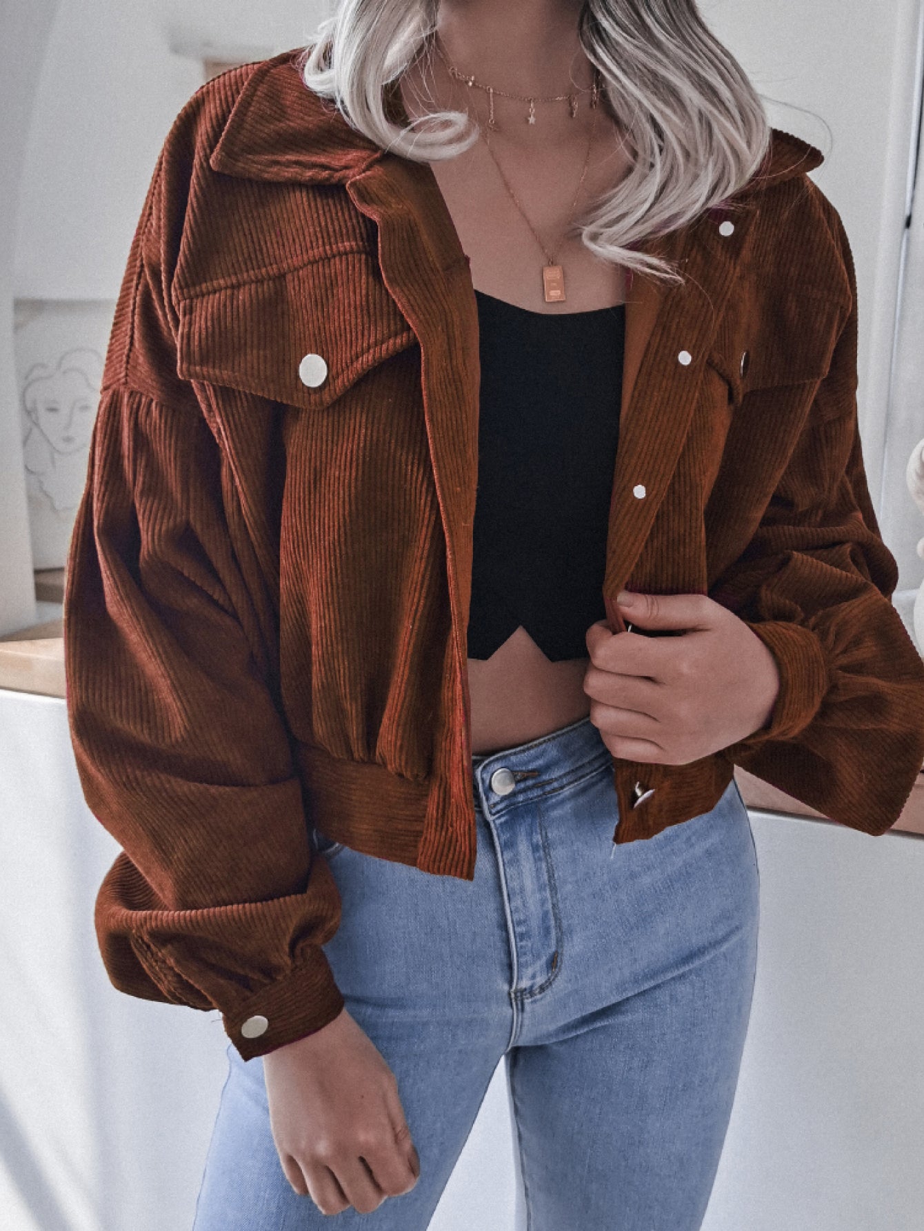 Lantern Sleeve Cropped Corduroy Jacket | Maekery Studio