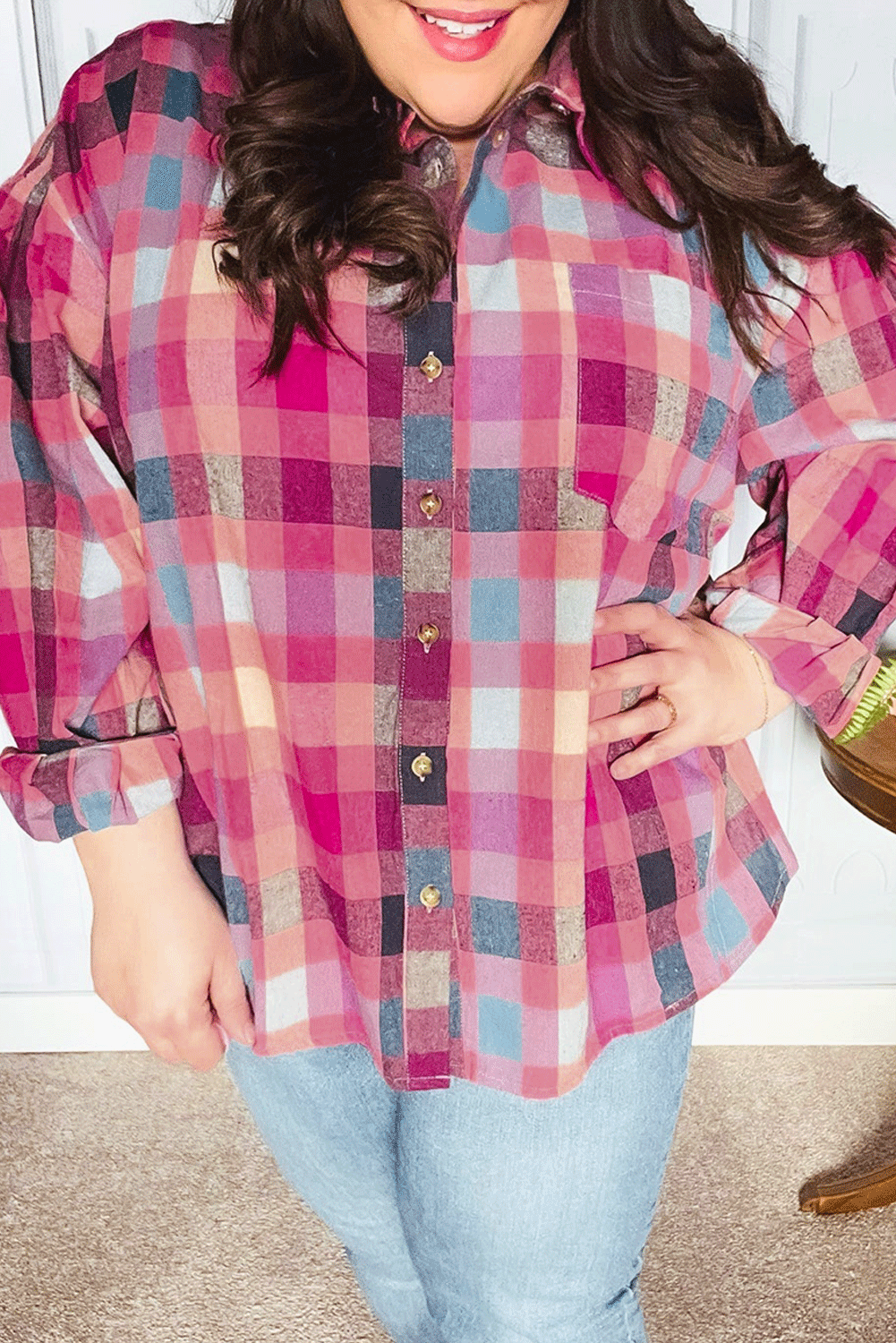 Rose Checkered Print Button-up Plus Size Shirt | Maekery Studio