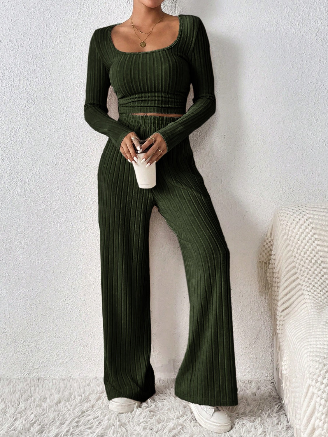 Honey Scoop Neck Long Sleeve Top and Pants Set | Maekery Studio