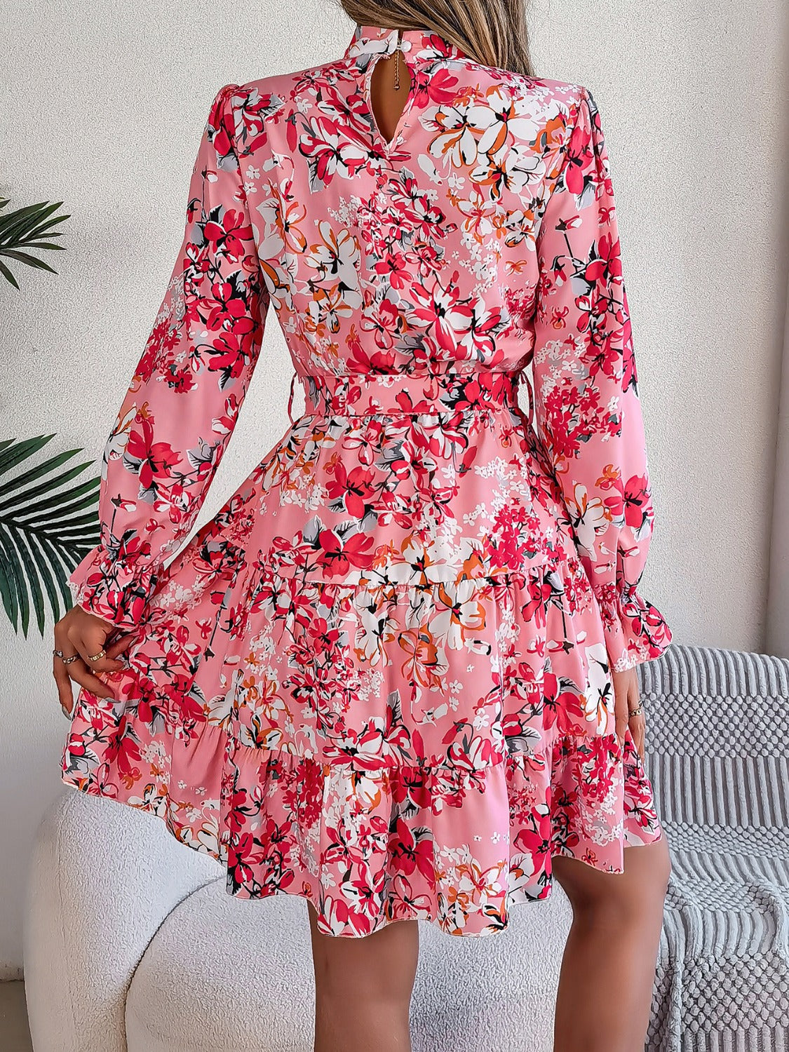 Printed Mock Neck Flounce Sleeve Mini Dress | Maekery Studio