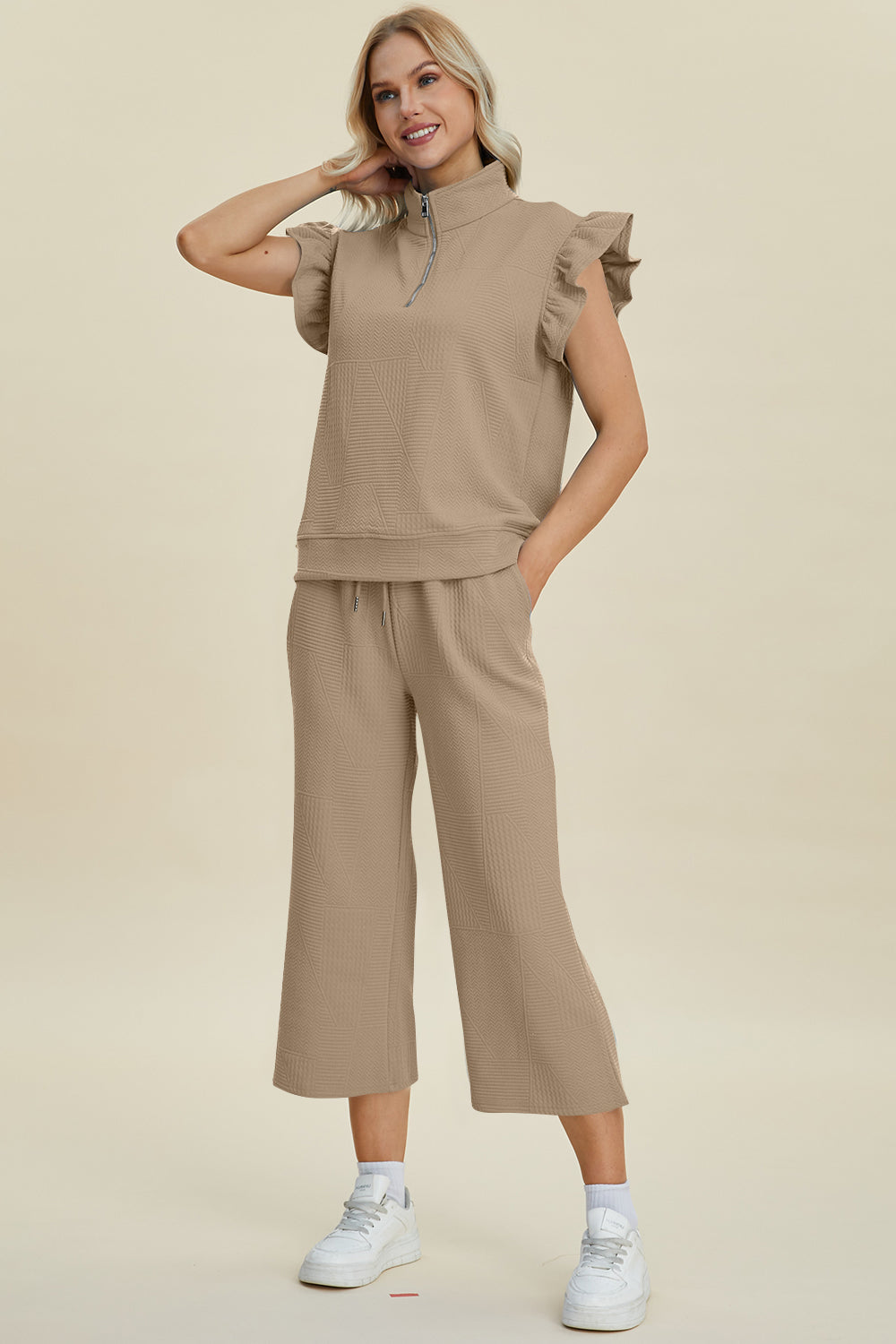 Double Take Full Size Texture Ruffle Short Sleeve Top and Wide Leg Pants Set | Maekery Studio