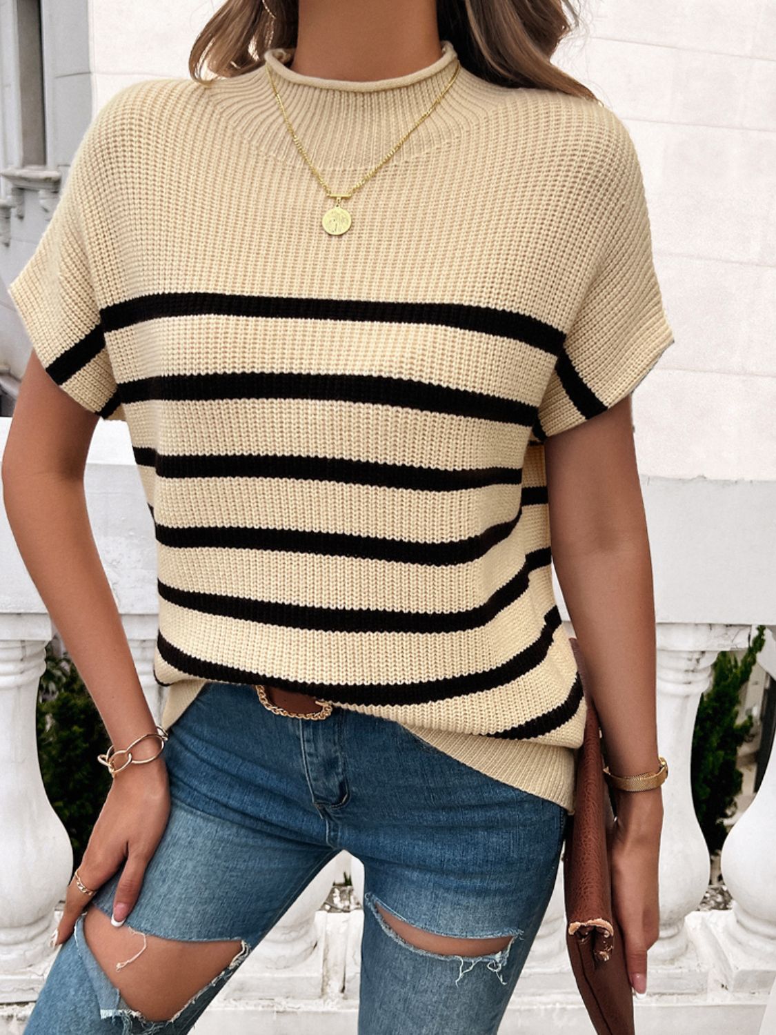 Devine Striped Mock Neck Short Sleeve Sweater | Maekery Studio