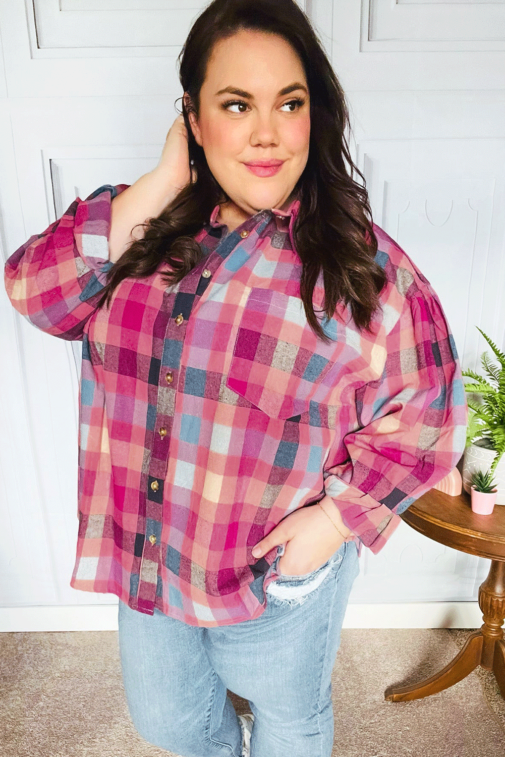 Rose Checkered Print Button-up Plus Size Shirt | Maekery Studio