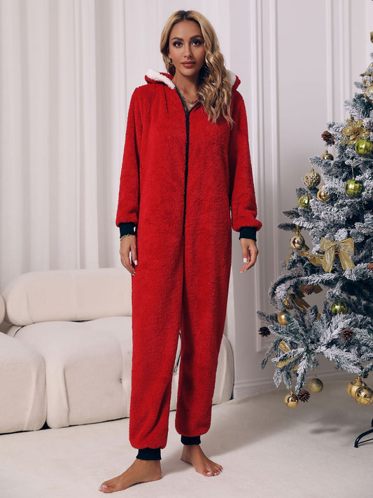 Zip Front Long Sleeve Hooded Teddy Lounge Jumpsuit | Maekery Studio