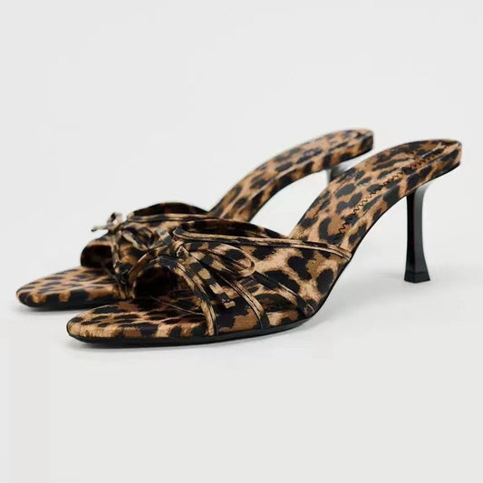 Bow Leopard Kitten Heel Sandals | Maekery Studio