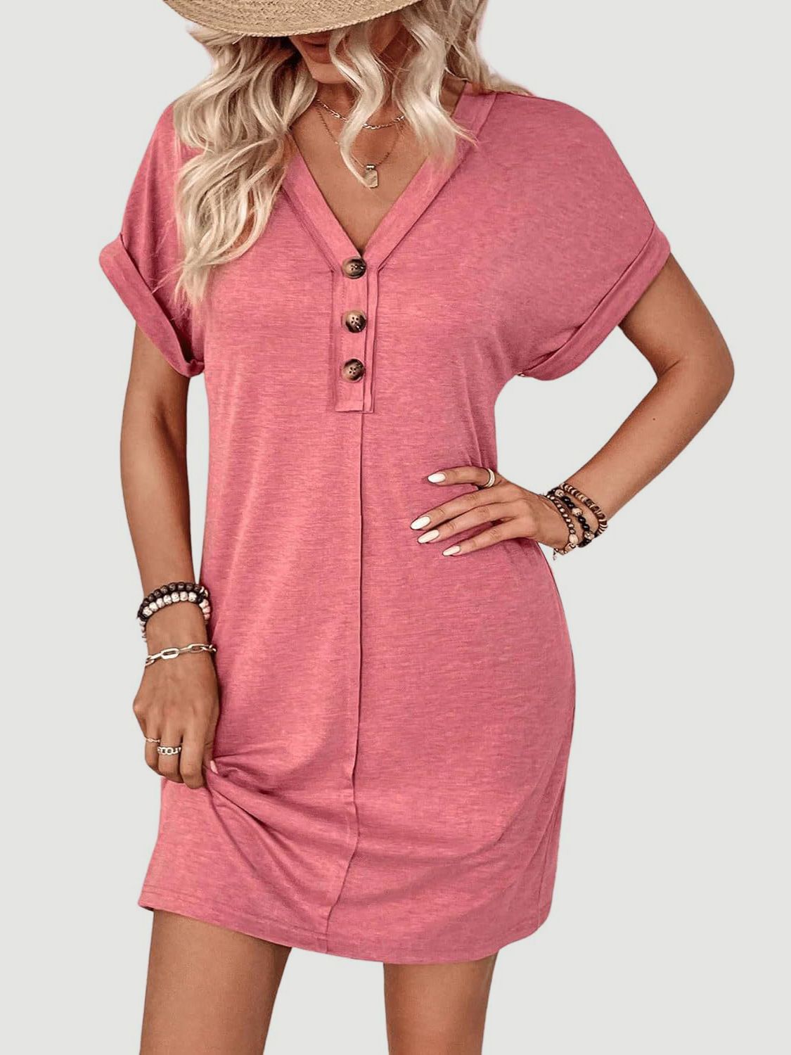 Quarter Button V-Neck Short Sleeve Dress | Maekery Studio