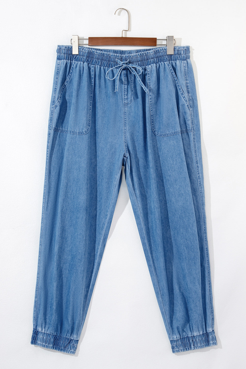 Dusk Blue Drawstring Waist Pocketed Plus Size Denim Joggers | Maekery Studio