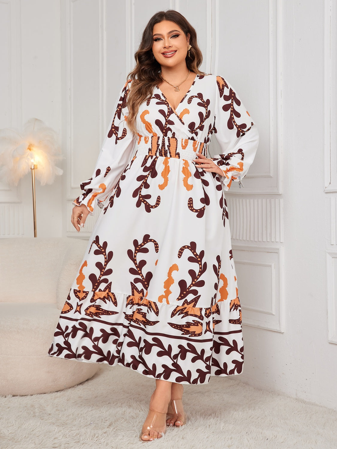 Honey Plus Size Printed Surplice Flounce Sleeve Dress | Maekery Studio