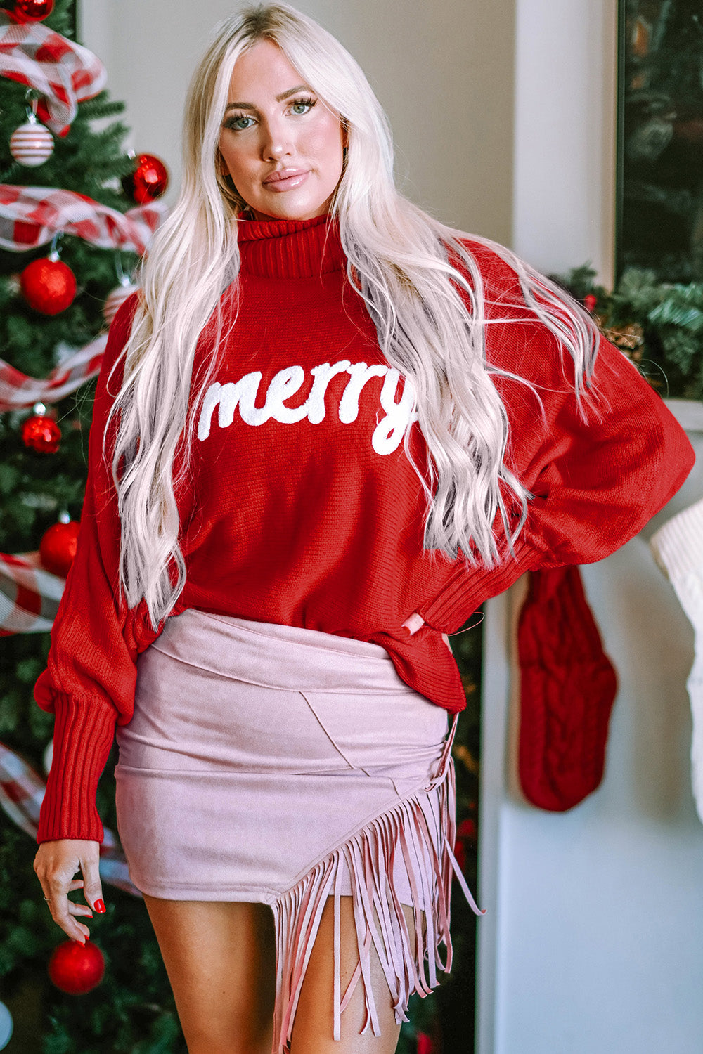 Double Take Full Size Merry Christmas Turtleneck Long Sleeve Sweater | Maekery Studio