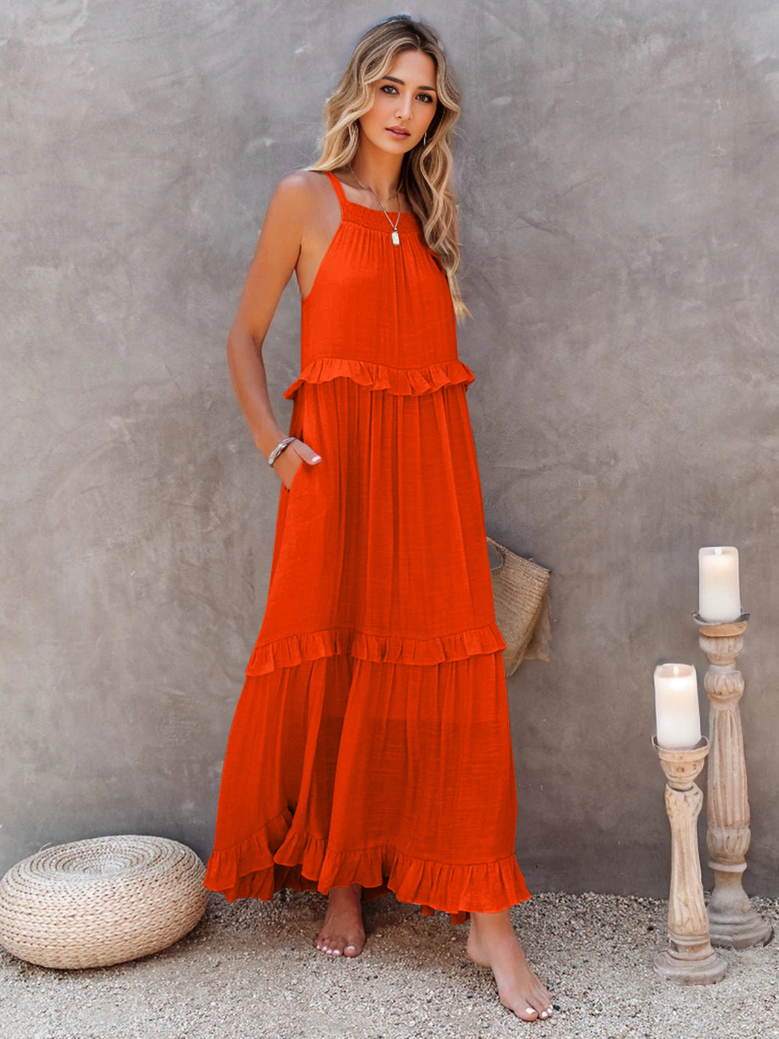 Ruffled Sleeveless Tiered Maxi Dress with Pockets | Maekery Studio