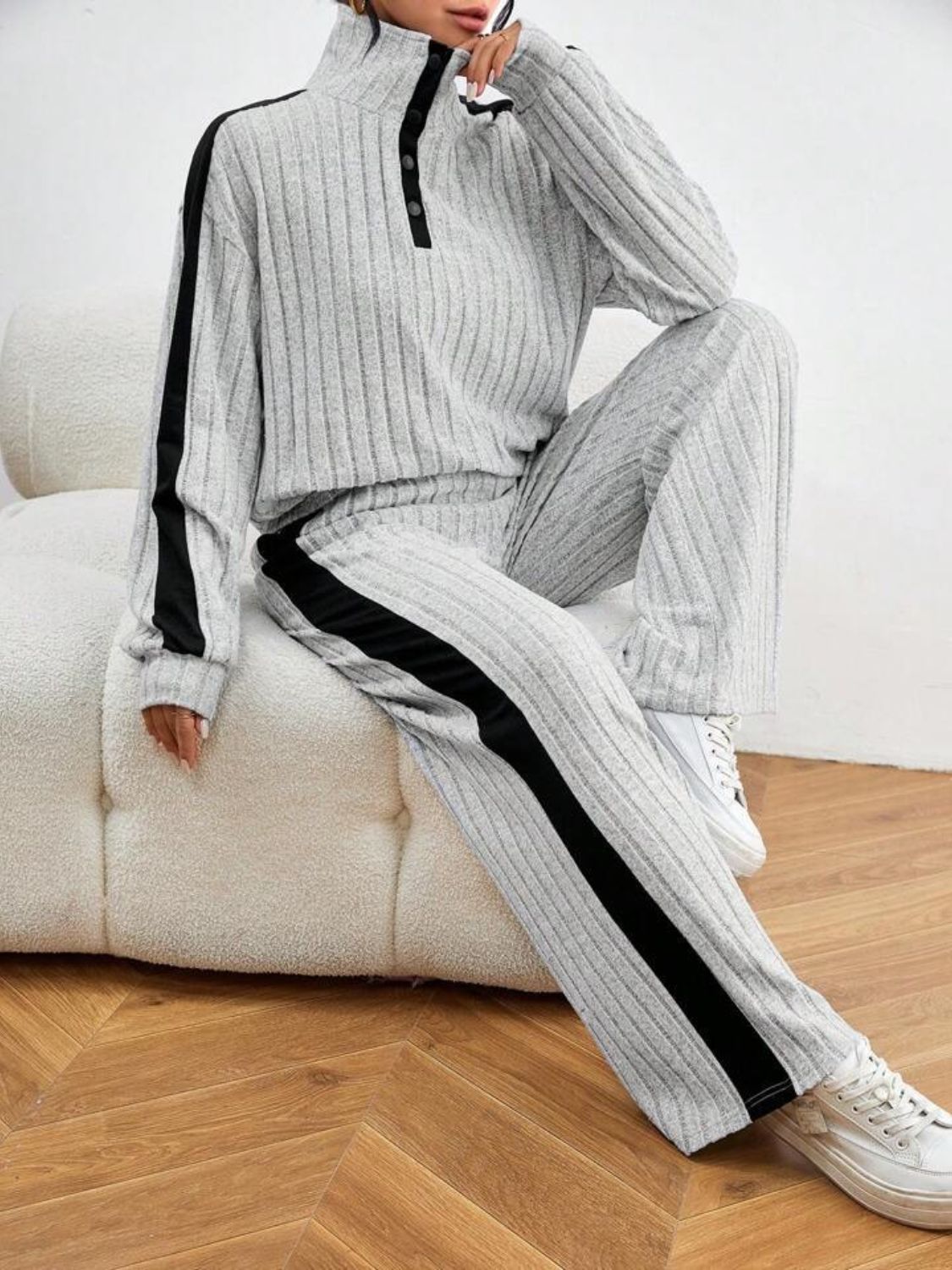 Contrast Collared Neck Long Sleeve Top and Pants Set | Maekery Studio