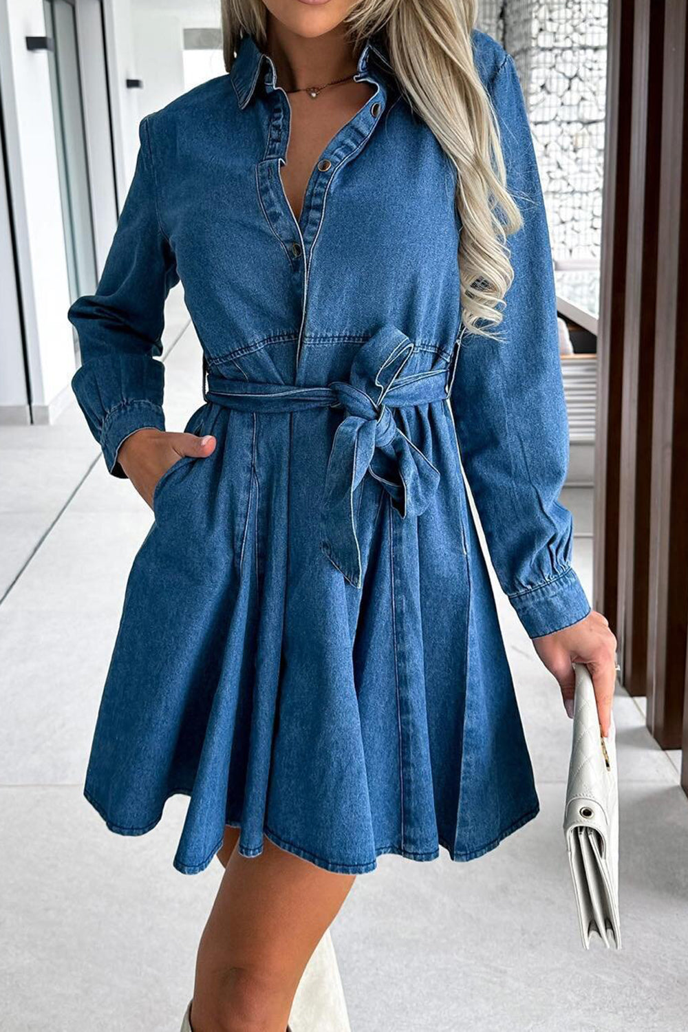 Tied Half Button Long Sleeve Denim Dress | Maekery Studio