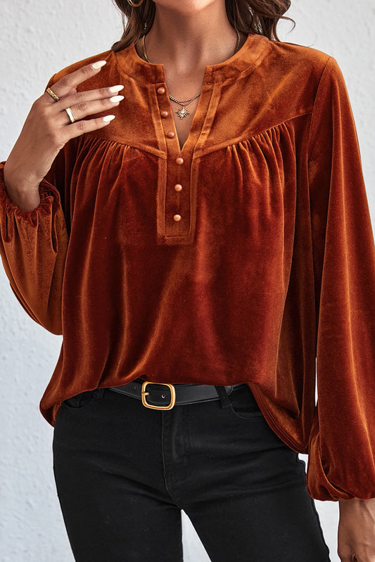 Gold Flame Velvet Beaded V Neck Lantern Sleeve Top