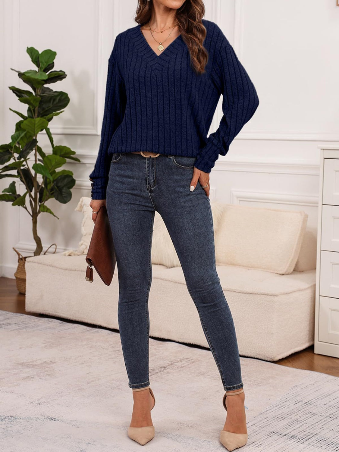 Ribbed V-Neck Long Sleeve T-Shirt | Maekery Studio