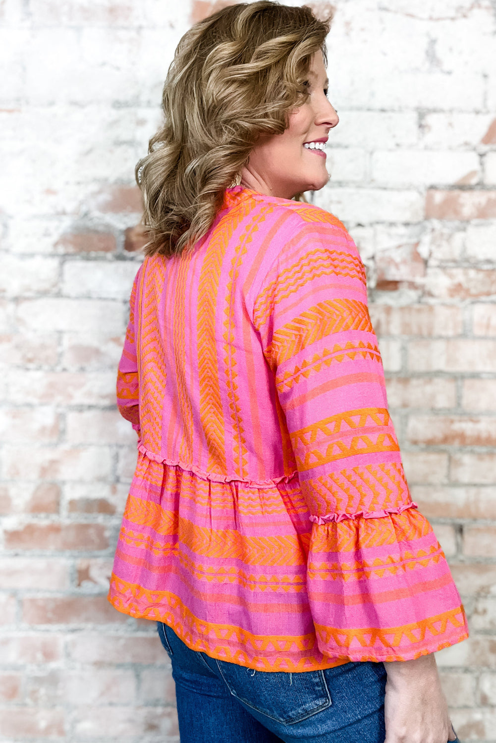 Vitality Orange Geometric Bell Sleeve Plus Size Babydoll Top | Maekery Studio