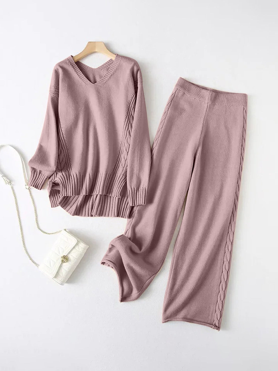 Slit V-Neck Long Sleeve Top and Pants Sweater Set | Maekery Studio