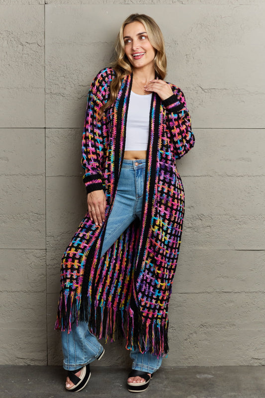 Angel Wings Full Size Multicolored Open Front Fringe Hem Cardigan | Maekery Studio