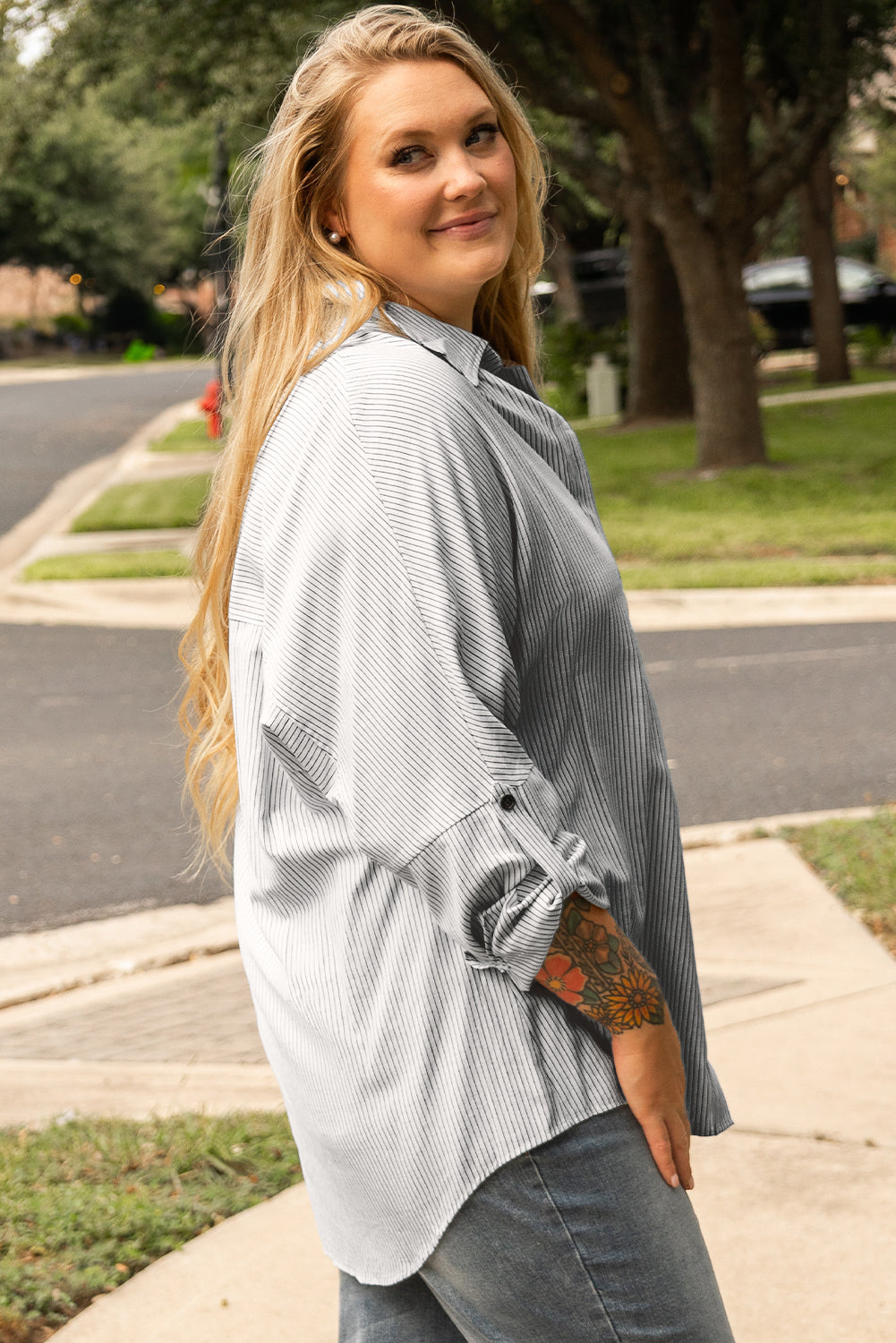 White Stripe Rolled Tab Sleeve Buttoned Plus Size Shirt | Maekery Studio