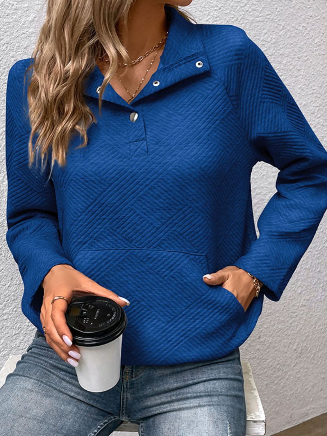 Perfee Half Buttoned Collared Neck Sweatshirt with Pocket | Maekery Studio