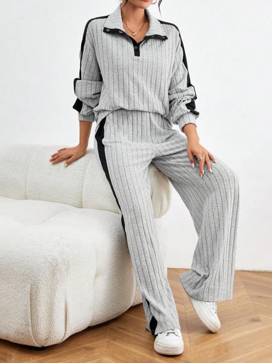 Contrast Collared Neck Long Sleeve Top and Pants Set | Maekery Studio