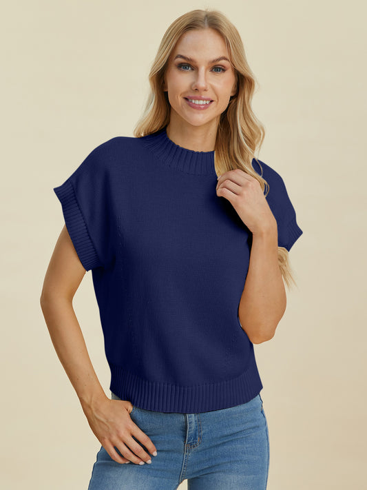 Double Take Full Size Mock Neck Short Sleeve Sweater | Maekery Studio