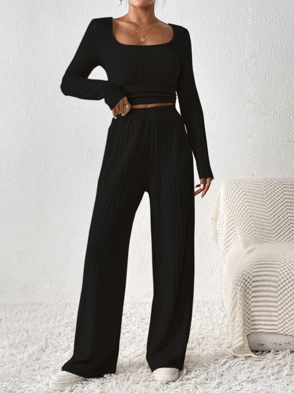 Honey Scoop Neck Long Sleeve Top and Pants Set | Maekery Studio