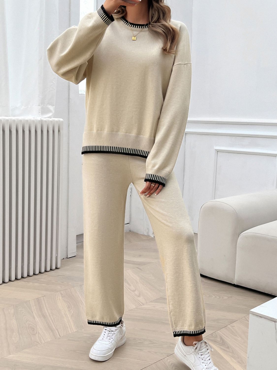 Devine Round Neck Dropped Shoulder Top and Pants Sweater Set | Maekery Studio