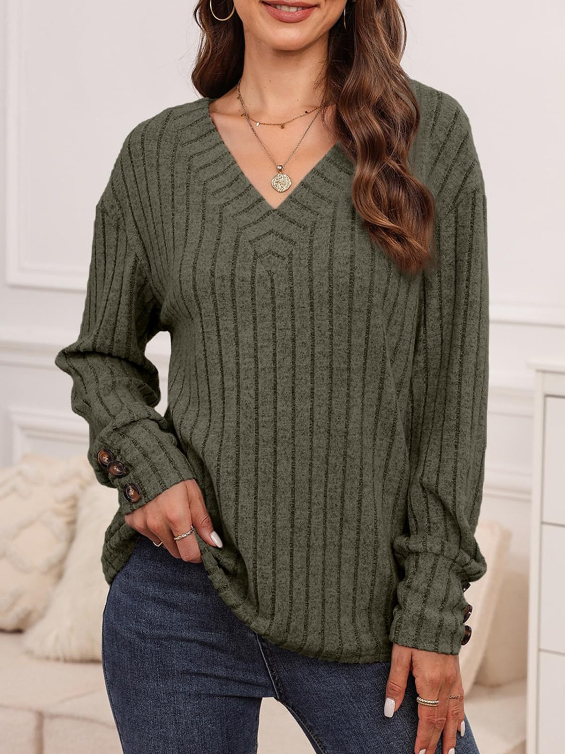 Ribbed V-Neck Long Sleeve T-Shirt | Maekery Studio