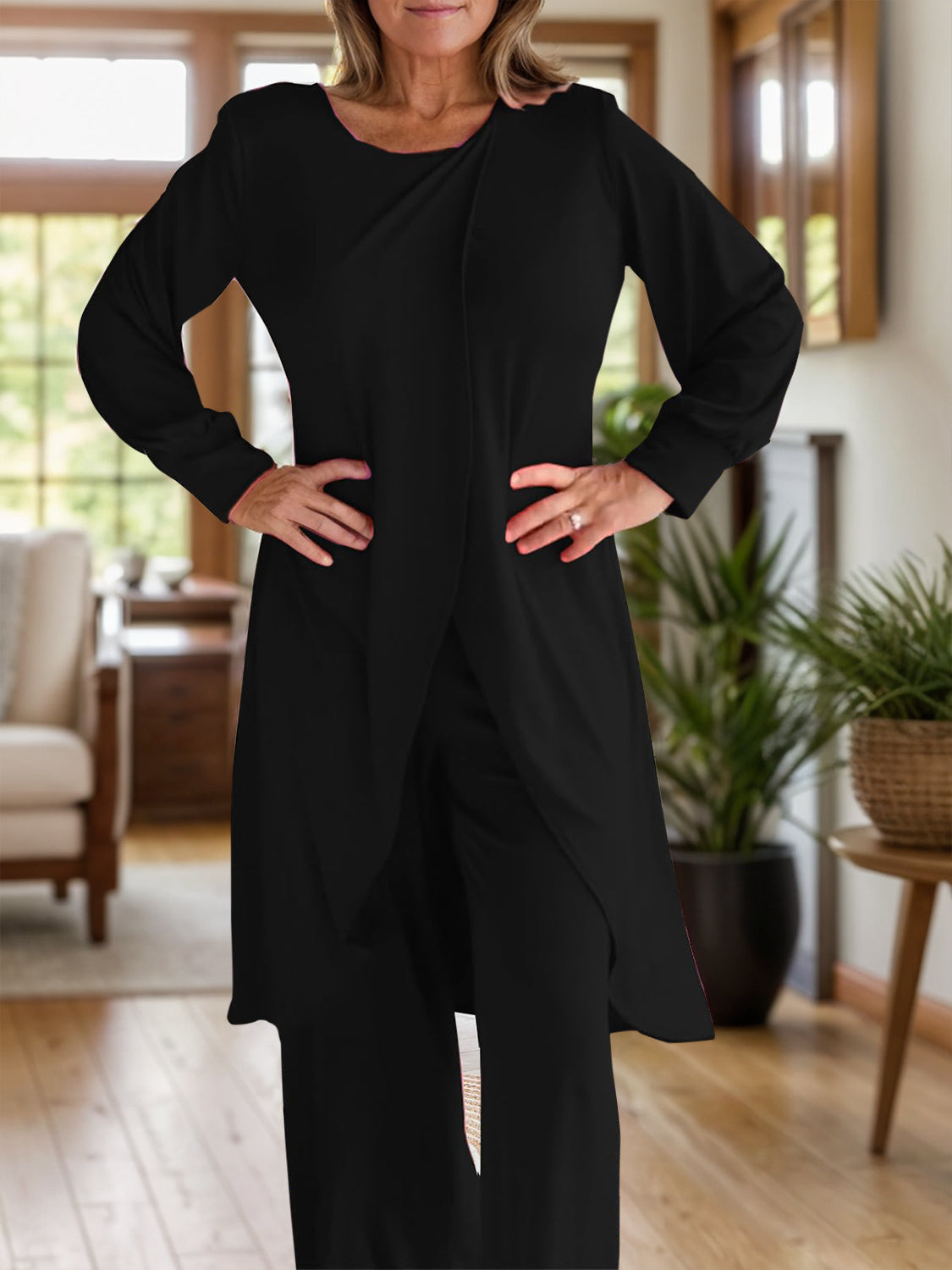 Full Size Slit Round Neck Long Sleeve Top and Pants Set | Maekery Studio