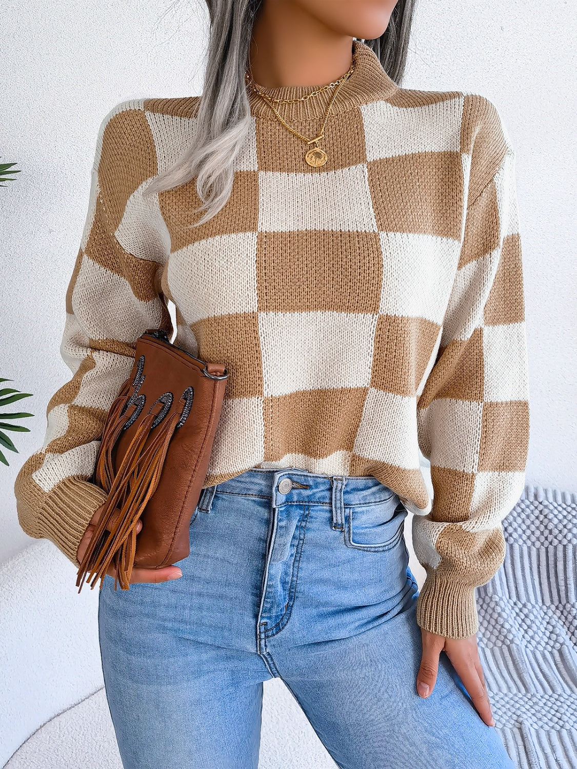 Checkered Mock Neck Long Sleeve Sweater | Maekery Studio