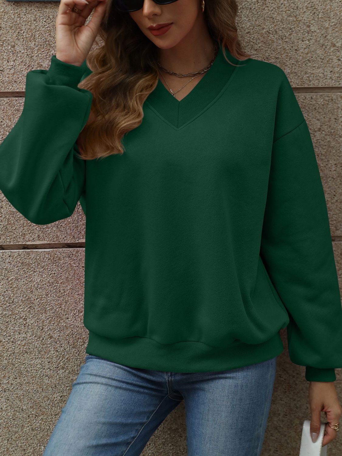 V-Neck Long Sleeve Dropped Shoulder Sweatshirt | Maekery Studio