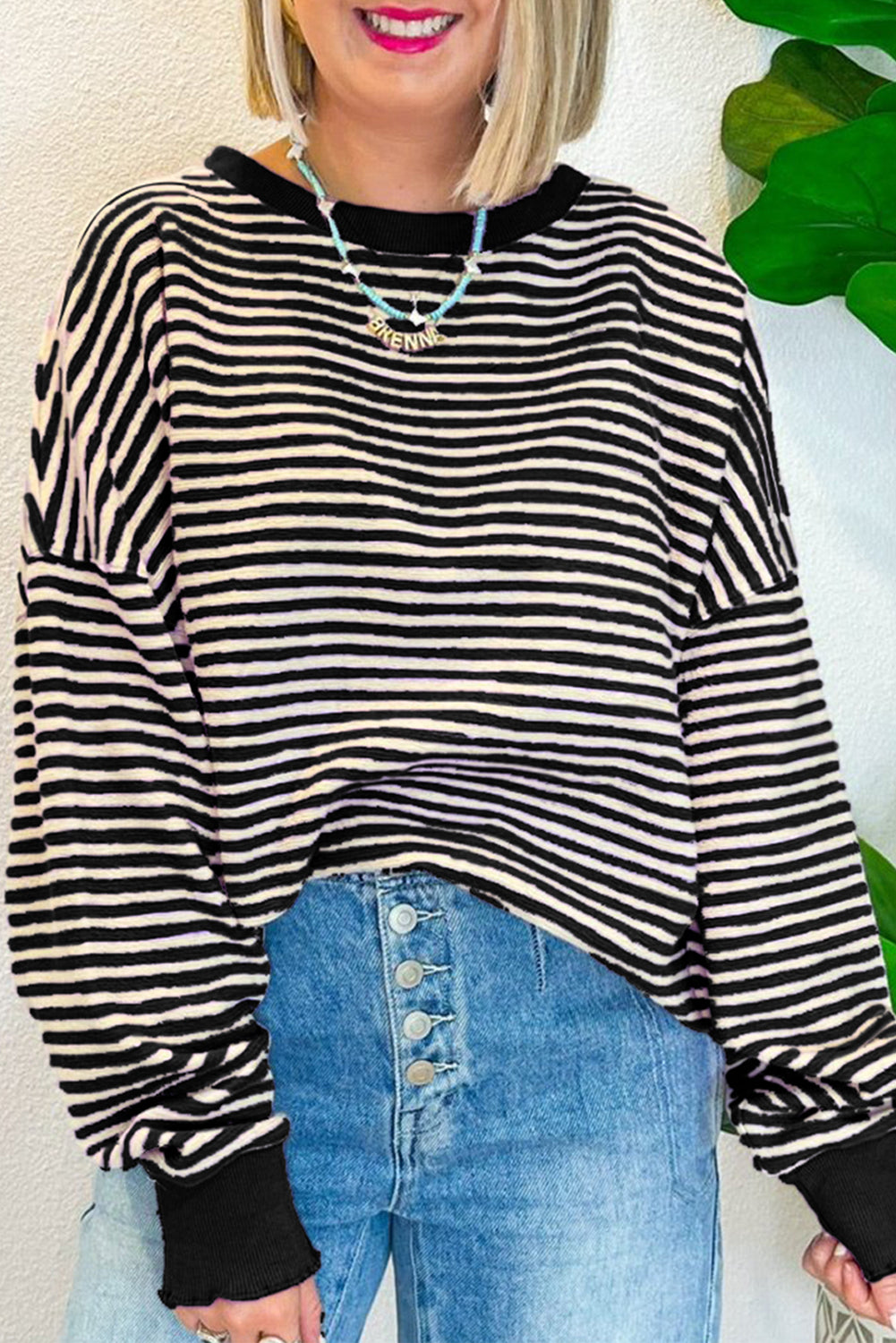 Purple Stripe Drop Shoulder Long Sleeve Top