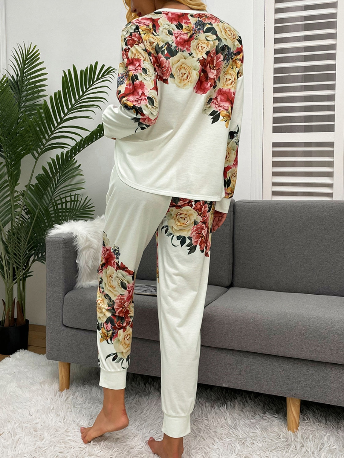 Shiny Printed Round Neck Top and Pants Lounge Set | Maekery Studio