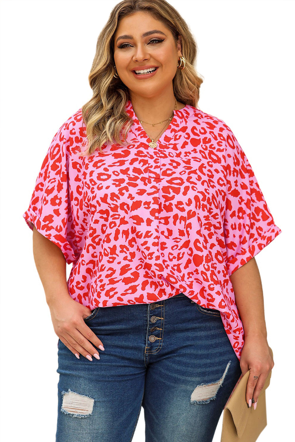 Plus Size Printed Notched Neck Half Sleeve Top | Maekery Studio