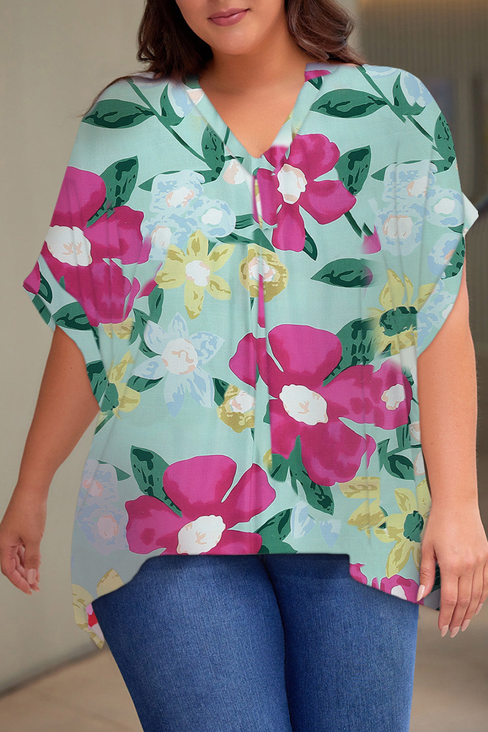 Plus Size Printed Notched Neck Half Sleeve Top | Maekery Studio