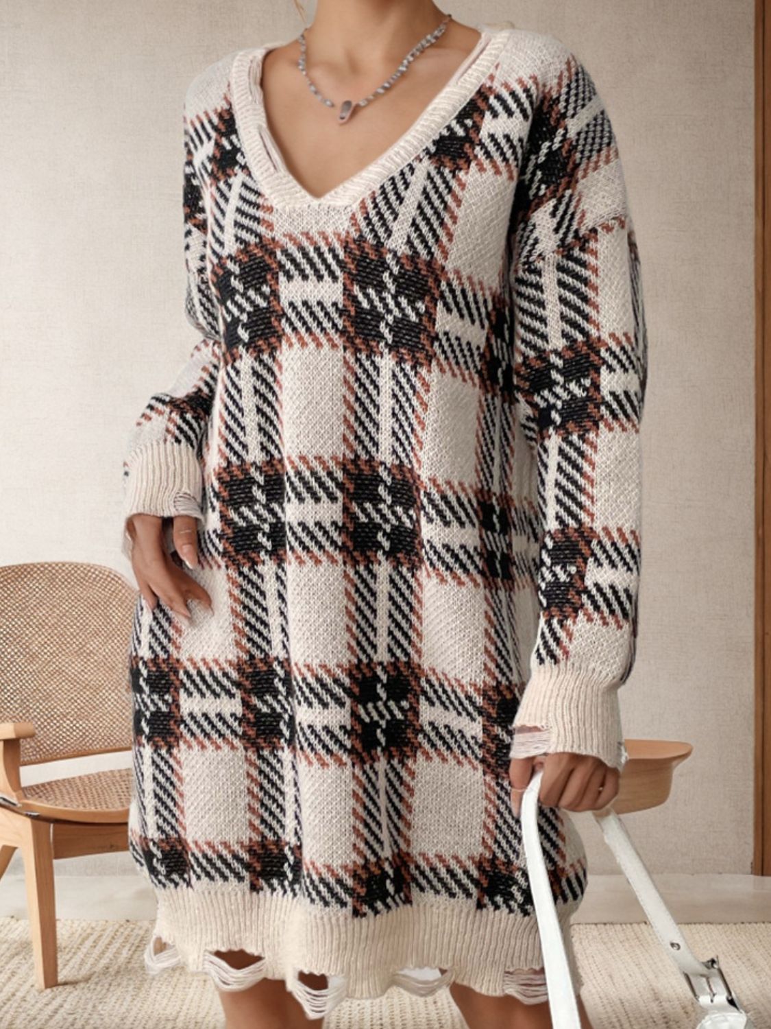 Distressed Plaid V-Neck Long Sleeve Sweater Dress | Maekery Studio