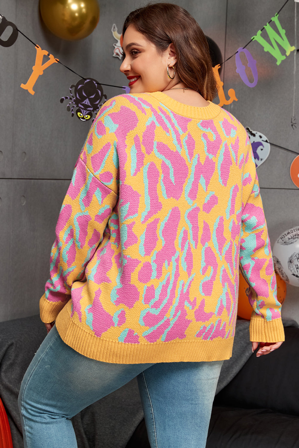 Bright Pink Plus Size Leopard Ribbed Trim Sweater | Maekery Studio