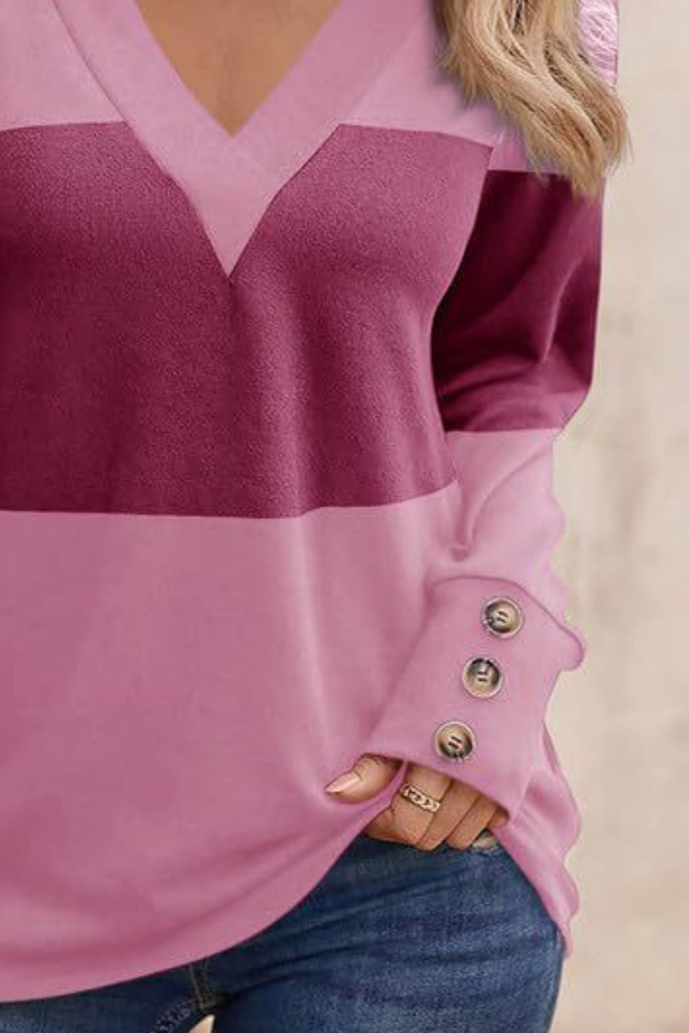 Decorative Button Contrast V-Neck Long Sleeve T-Shirt | Maekery Studio