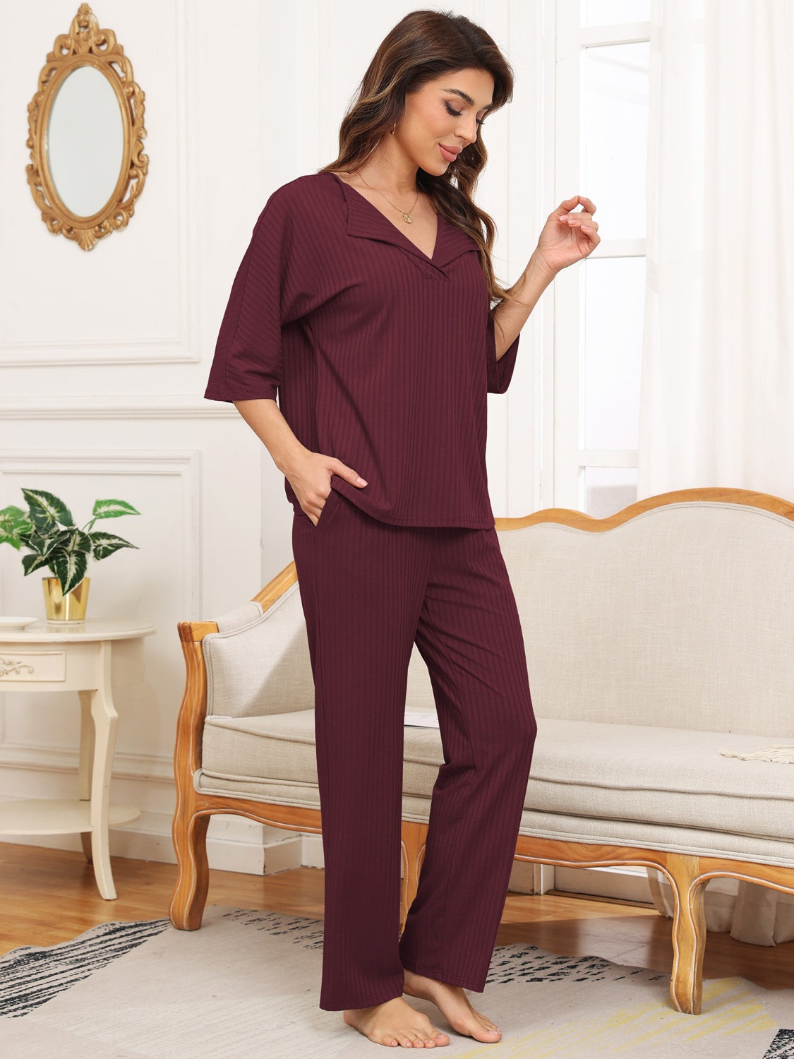 Ribbed Half Sleeve Top and Pocketed Pants Set | Maekery Studio