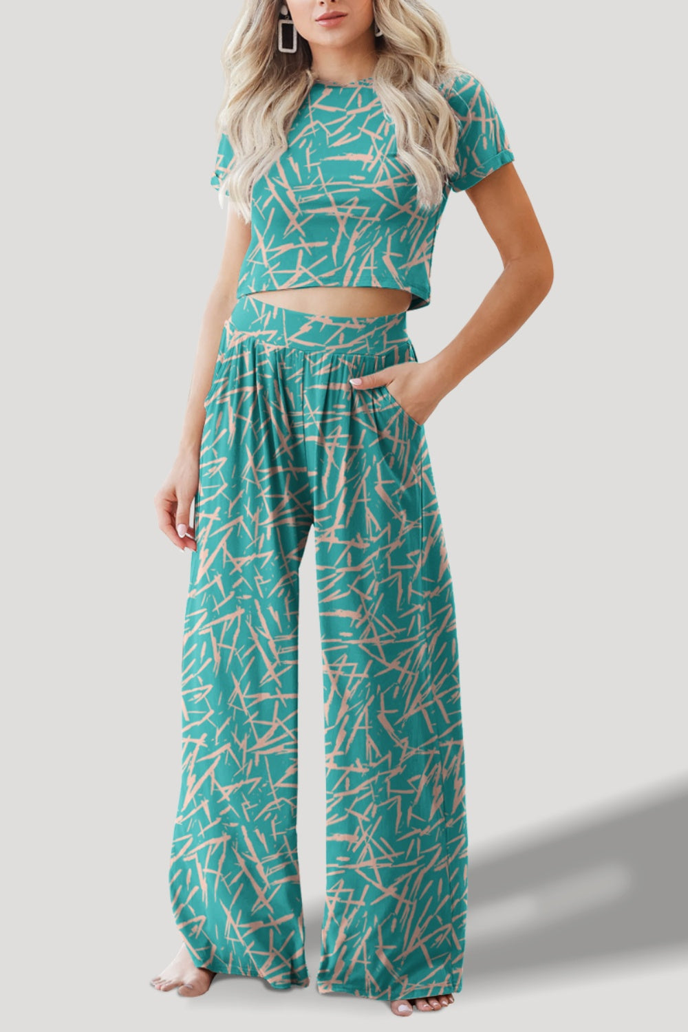 FAM-FAM Printed Round Neck Short Sleeve Top and Pants Set | Maekery Studio