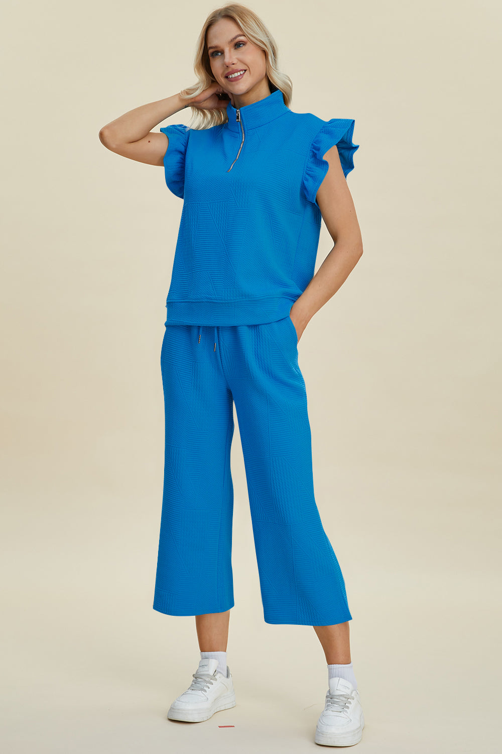 Double Take Full Size Texture Ruffle Short Sleeve Top and Wide Leg Pants Set | Maekery Studio