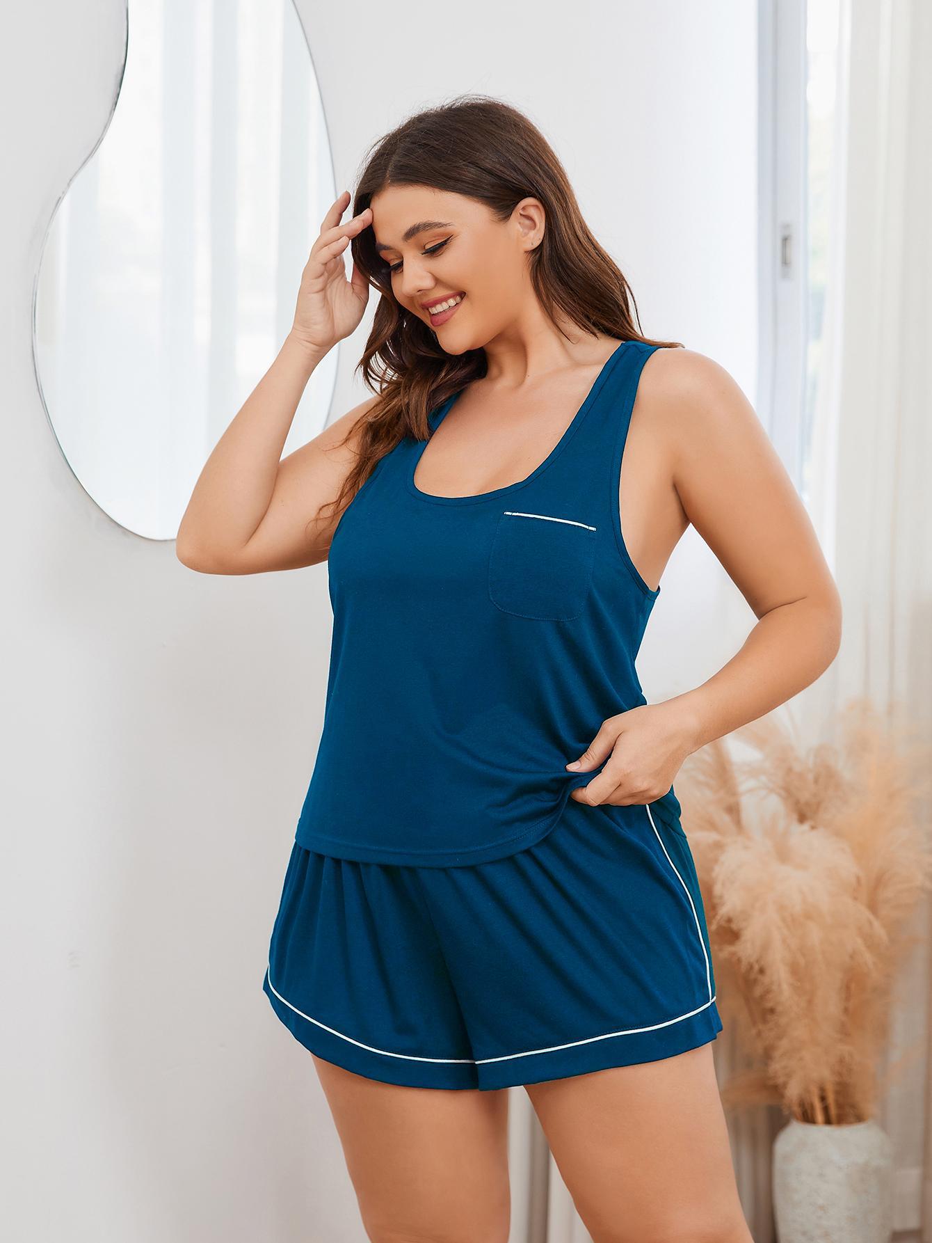 Plus Size Contrast Piping Racerback Tank and Shorts Lounge Set | Maekery Studio