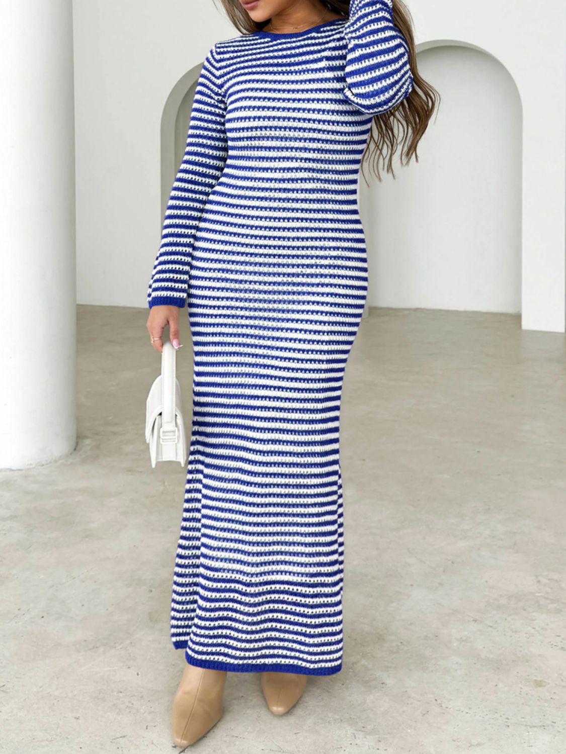 Devine Tied Round Neck Striped Sweater Dress | Maekery Studio