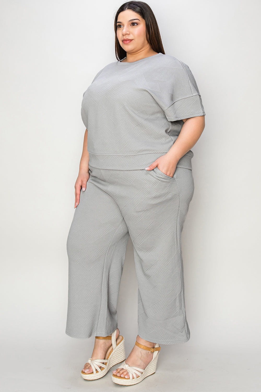 Double Take Full Size Texture Short Sleeve Top and Pants Set | Maekery Studio