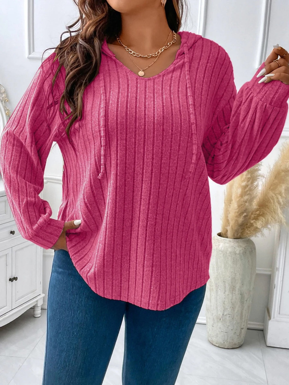 Plus Size Drawstring Dropped Shoulder Hooded T-Shirt | Maekery Studio