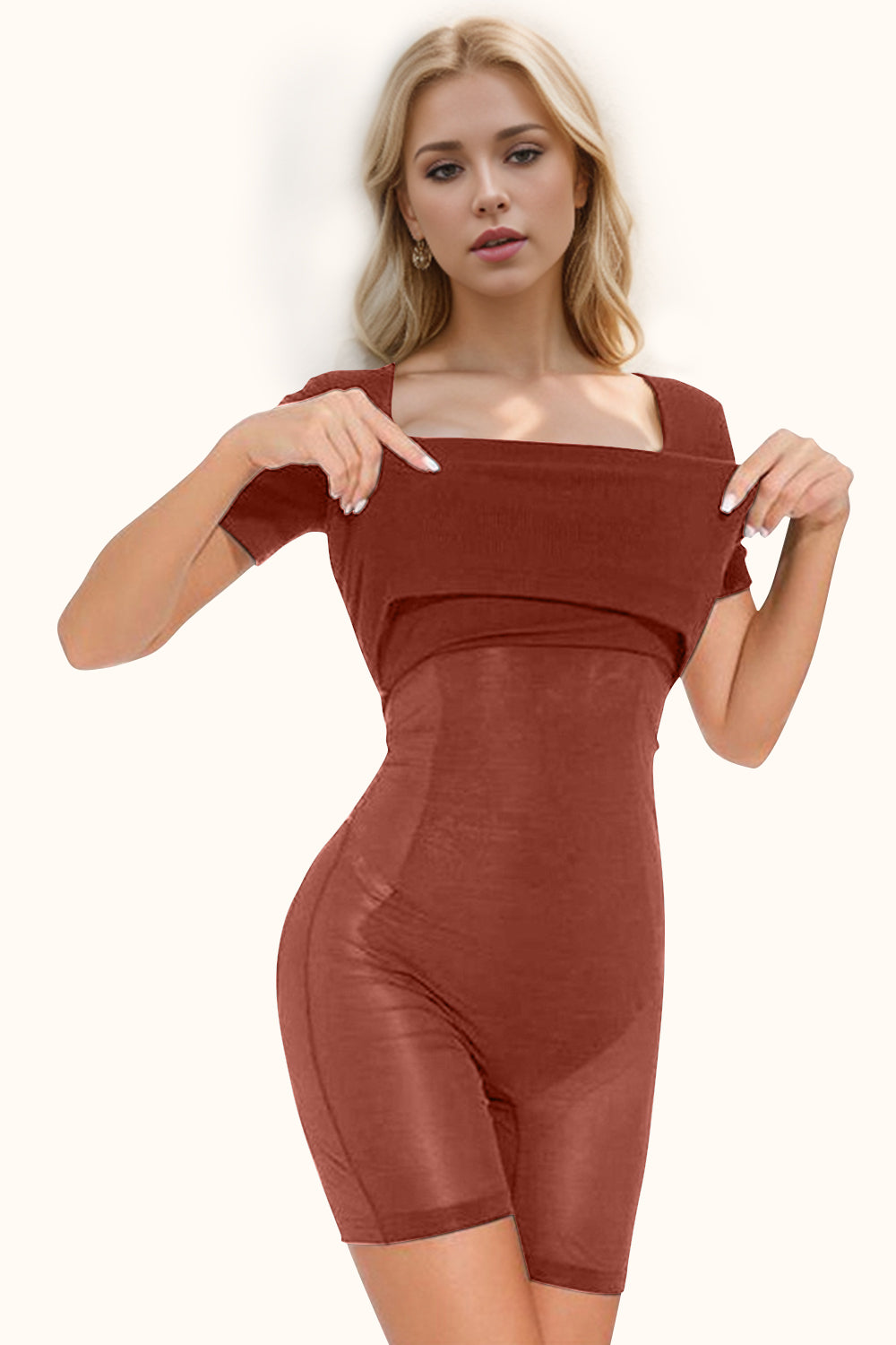 Basic Bae Full Size Built-In Shapewear Square Neck Short Sleeve Dress | Maekery Studio